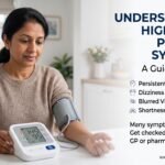 Pharmacist checking a patient's blood pressure using an arm cuff monitor in the UK
