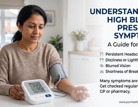 Pharmacist checking a patient's blood pressure using an arm cuff monitor in the UK