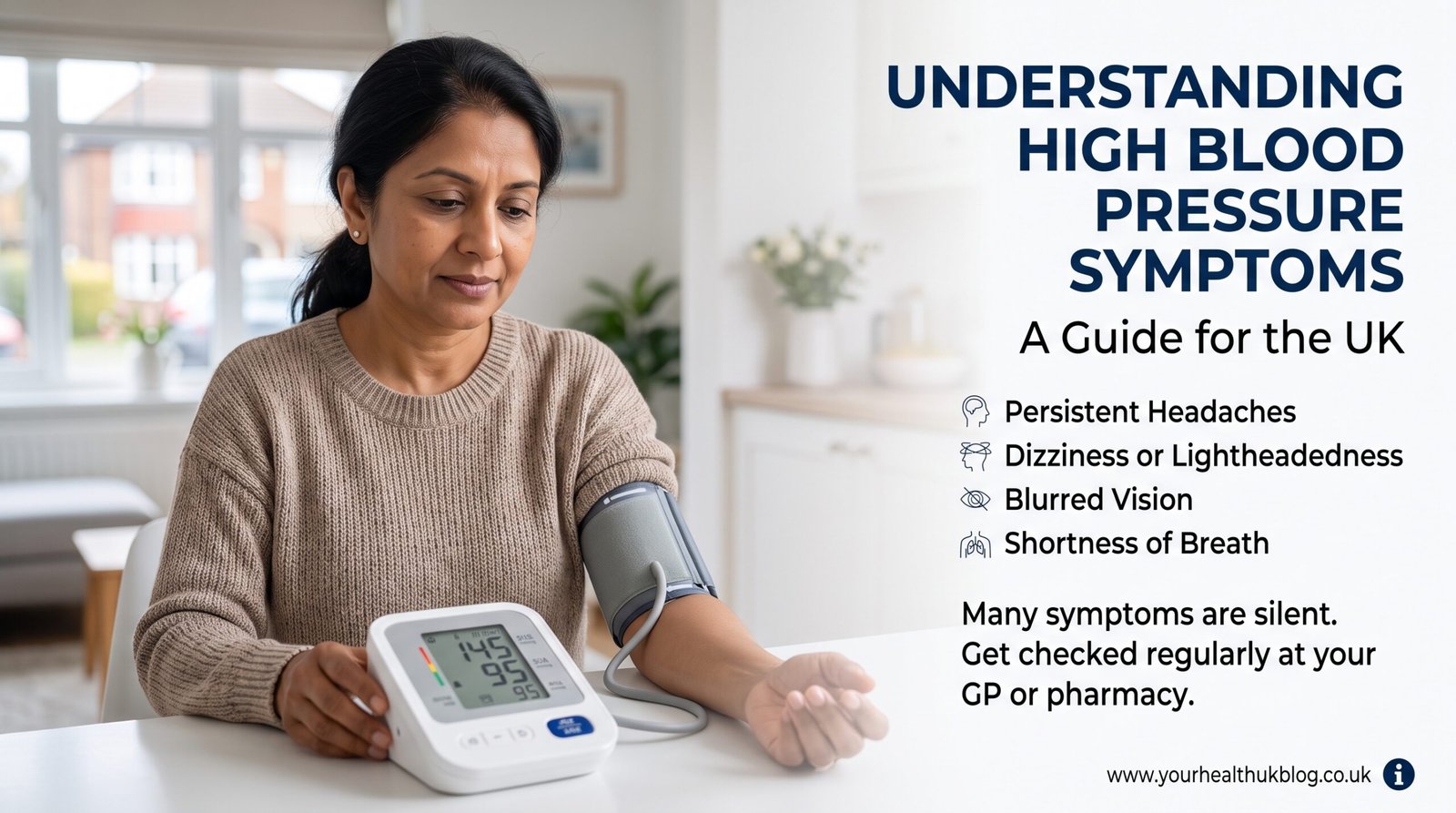 Pharmacist checking a patient's blood pressure using an arm cuff monitor in the UK