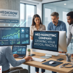Doctor reviewing digital marketing analytics on a laptop, representing a medical digital marketing company at work