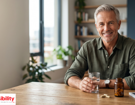 Multivitamin capsules and fresh vegetables representing nutrition support for men over 50