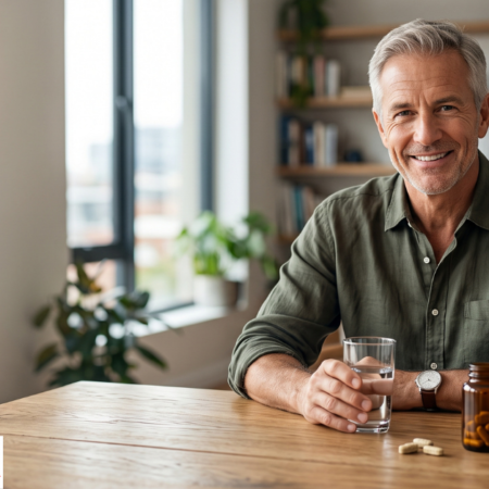 Multivitamin capsules and fresh vegetables representing nutrition support for men over 50