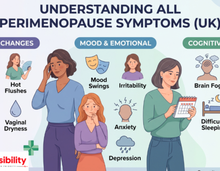 Chart showing declining estrogen levels during perimenopause and associated symptoms across ages 40 to 55