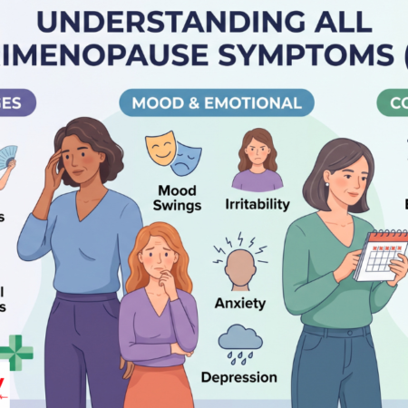 Chart showing declining estrogen levels during perimenopause and associated symptoms across ages 40 to 55