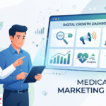 Healthcare professional reviewing digital marketing analytics for a medical practice on a laptop screen.