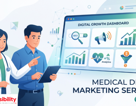 Healthcare professional reviewing digital marketing analytics for a medical practice on a laptop screen.