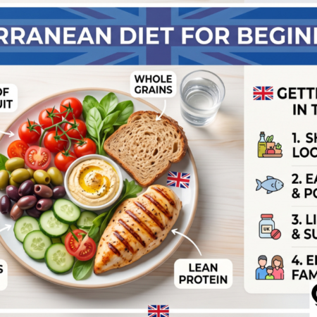 Diagram displaying the food proportions for a Mediterranean diet plate including vegetables, whole grains, and healthy fats.