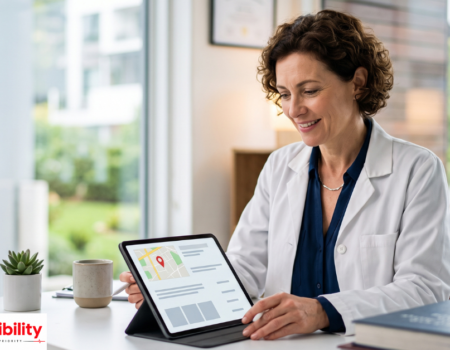 Doctor updating a free Google Business Profile listing on a laptop in a clinic