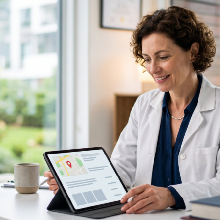 Doctor updating a free Google Business Profile listing on a laptop in a clinic