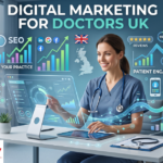 Doctor in the UK reviewing digital marketing and website analytics for their private practice on a laptop.