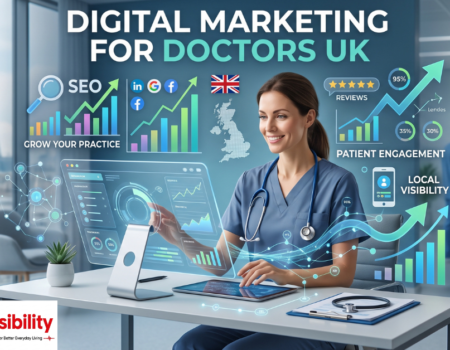 Doctor in the UK reviewing digital marketing and website analytics for their private practice on a laptop.