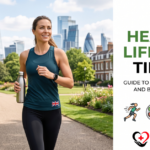Healthy lifestyle tips UK — balanced meal with fresh vegetables and wholegrain food on a kitchen counter