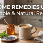 Home remedies UK essentials including honey, lemon, ginger and a basic first-aid kit on a kitchen counter