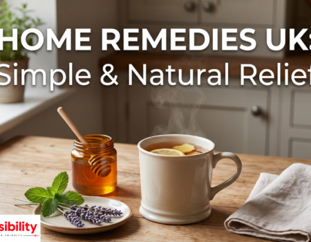 Home remedies UK essentials including honey, lemon, ginger and a basic first-aid kit on a kitchen counter