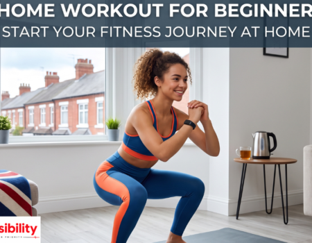 Beginner performing a bodyweight home workout exercise on a yoga mat in a UK living room