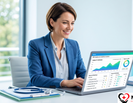 Person searching for health information online with healthcare SEO service search results displayed on screen