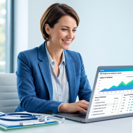 Person searching for health information online with healthcare SEO service search results displayed on screen