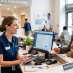 Patient access specialist managing patient registration and insurance verification at a healthcare clinic desk.