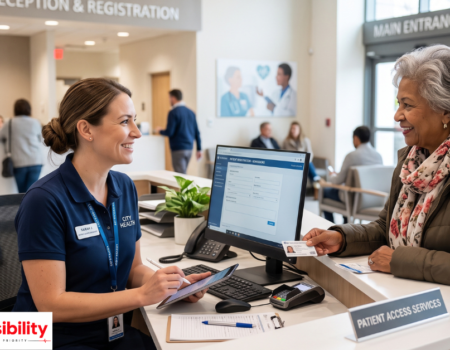 Patient access specialist managing patient registration and insurance verification at a healthcare clinic desk.