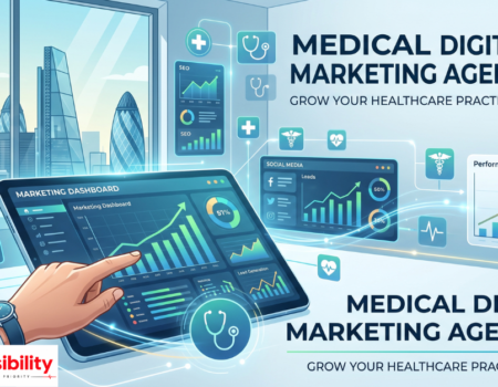 Doctor reviewing digital marketing analytics on a laptop in a UK clinic