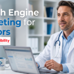 Doctor reviewing search engine marketing results for a UK medical practice on a laptop