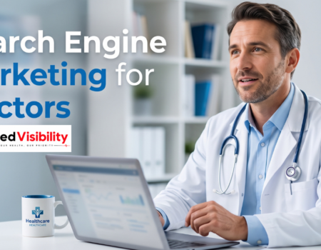 Doctor reviewing search engine marketing results for a UK medical practice on a laptop