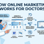 Doctor reviewing online marketing and SEO results for a medical practice on a laptop