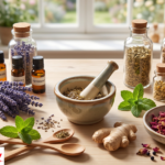 Natural remedies UK — ginger, honey, chamomile and turmeric arranged on a table