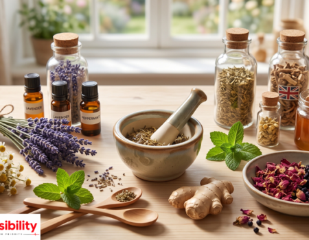 Natural remedies UK — ginger, honey, chamomile and turmeric arranged on a table