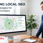 Healthcare provider checking local search visibility and Google Business Profile rankings on a laptop