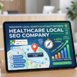 Doctor reviewing healthcare local SEO performance and Google Business Profile rankings on a laptop screen.