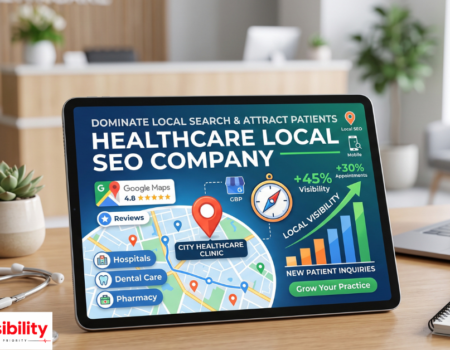 Doctor reviewing healthcare local SEO performance and Google Business Profile rankings on a laptop screen.