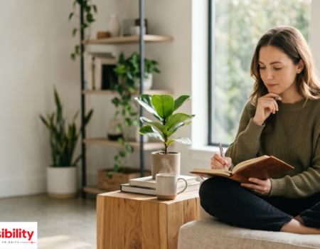Person relaxing in a calm, naturally lit home environment supporting mental health