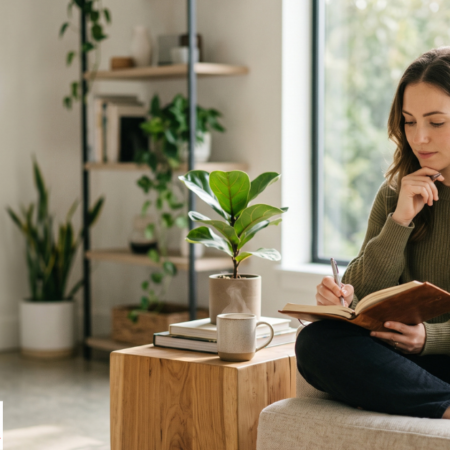 Person relaxing in a calm, naturally lit home environment supporting mental health