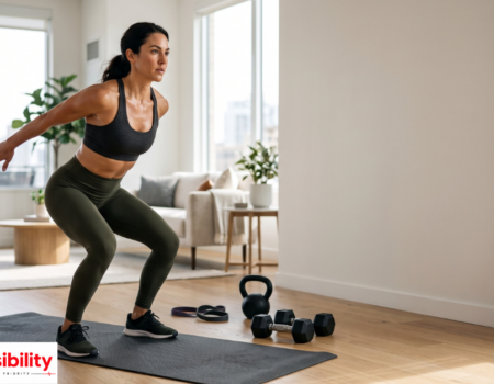 Woman doing a bodyweight squat as part of an at-home workout routine