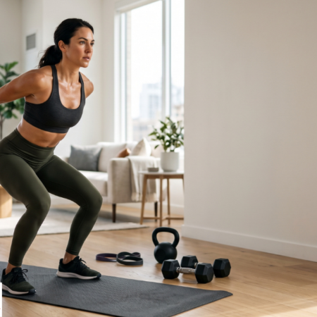 Woman doing a bodyweight squat as part of an at-home workout routine