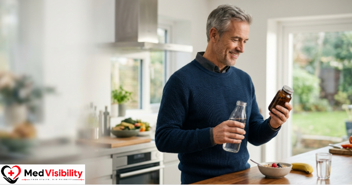 Best multivitamin for men over 50 older man checking supplement label in kitchen