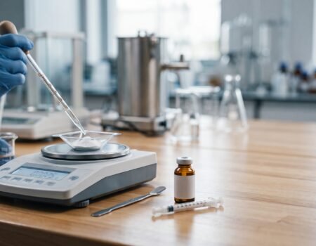 Pharmacist demonstrating accurate liquid medication measurement using an oral dosing syringe.