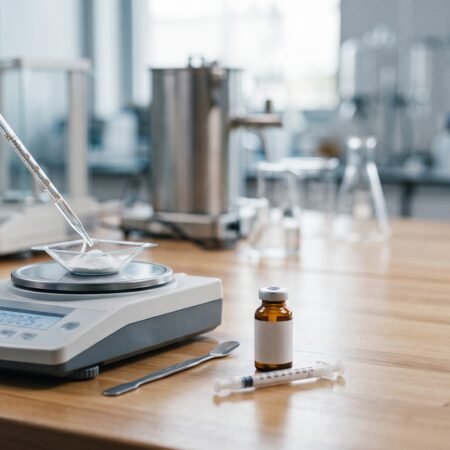 Pharmacist demonstrating accurate liquid medication measurement using an oral dosing syringe.