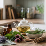 Natural health remedies UK — ginger, turmeric, chamomile, and peppermint displayed on a wooden surface