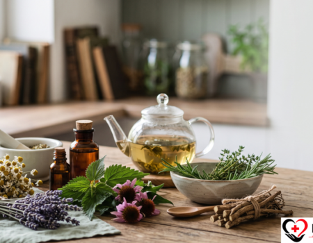 Natural health remedies UK — ginger, turmeric, chamomile, and peppermint displayed on a wooden surface