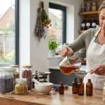 Selection of popular UK herbal remedies including echinacea, ginger, turmeric and lavender on a wooden background