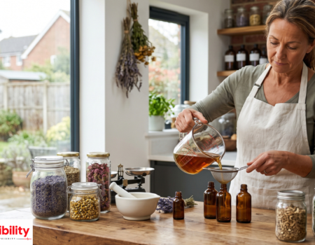 Selection of popular UK herbal remedies including echinacea, ginger, turmeric and lavender on a wooden background