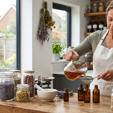 Selection of popular UK herbal remedies including echinacea, ginger, turmeric and lavender on a wooden background