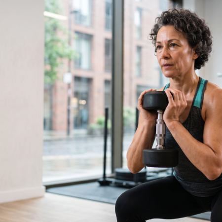 Woman over 40 doing dumbbell squats as part of a strength training routine in the UK