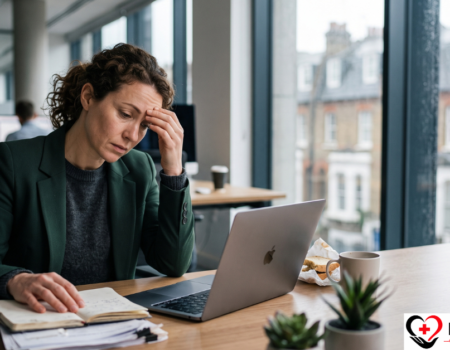 Tired person sitting at a desk with head in hands showing signs of burnout in the UK