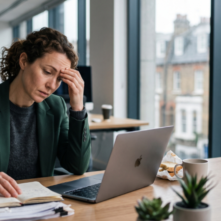 Tired person sitting at a desk with head in hands showing signs of burnout in the UK